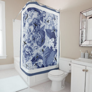 Indigo Blue Vintage Botanical Floral Toile & Bees Shower Curtain