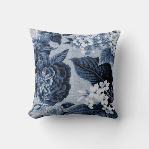 Indigo Blue Vintage Botanical Floral Toile No1 Throw Pillow