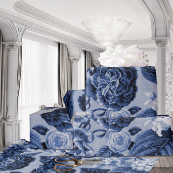 Indigo Blue Vintage Floral Toile Decoupage Wrapping Paper by LeonOziel at Zazzle
