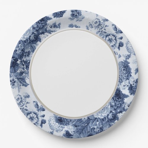 Indigo Blue Vintage Floral Toile Fabric No3 Paper Plates