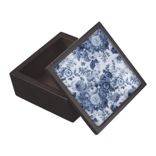 Indigo Blue Vintage Floral Toile Jewelry Box