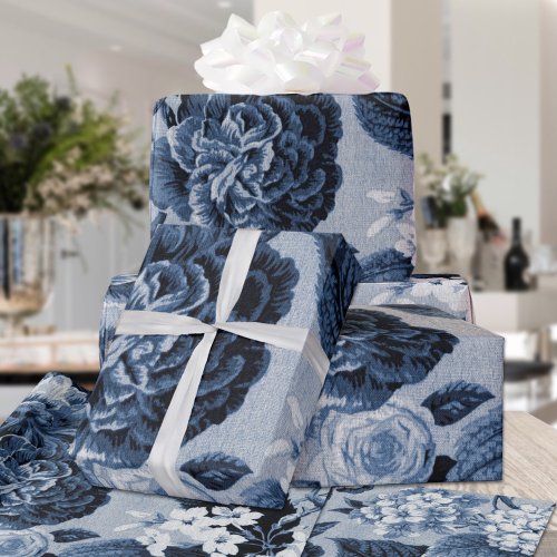 Indigo Blue Vintage Floral Toile Matte Finish Wrapping Paper