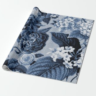 Indigo Blue Vintage Floral Toile Matte Finish Wrapping Paper