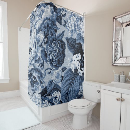 Indigo Blue Vintage Floral Toile No1 Shower Curtain