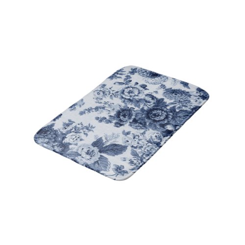 Indigo Blue Vintage Floral Toile No3 Bath Mat