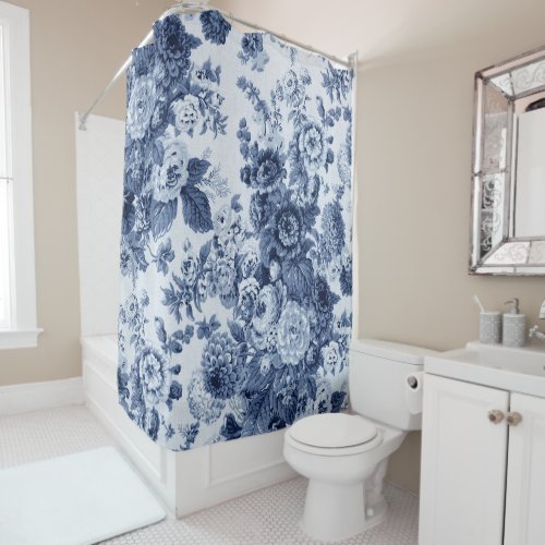 Indigo Blue Vintage Floral Toile No3 Shower Curtain