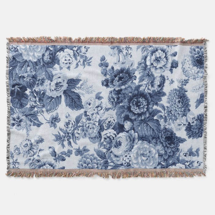 Indigo Blue Vintage Floral Toile Throw Blanket