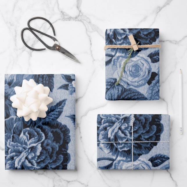 Indigo Blue Vintage Floral Wrapping Paper Sheets (Front)