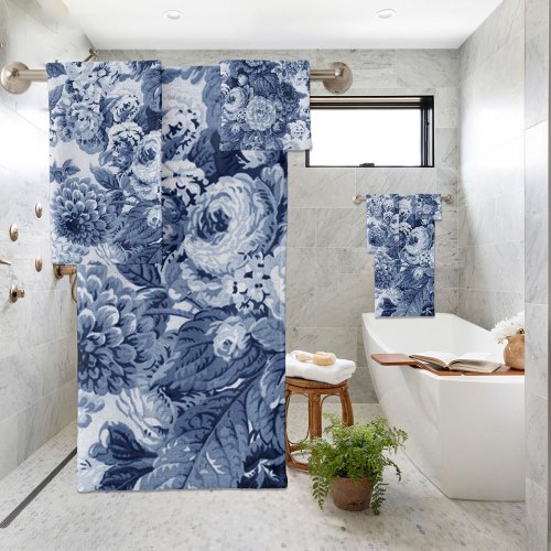 Indigo Blue Vintage Peony Dahlias Floral Toile Bath Towel Set