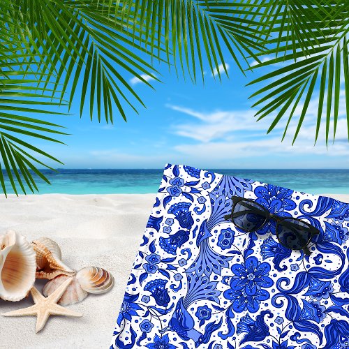 INDIGO BLUE VINTAGE TROPICAL FOLK ART PRINT BEACH TOWEL