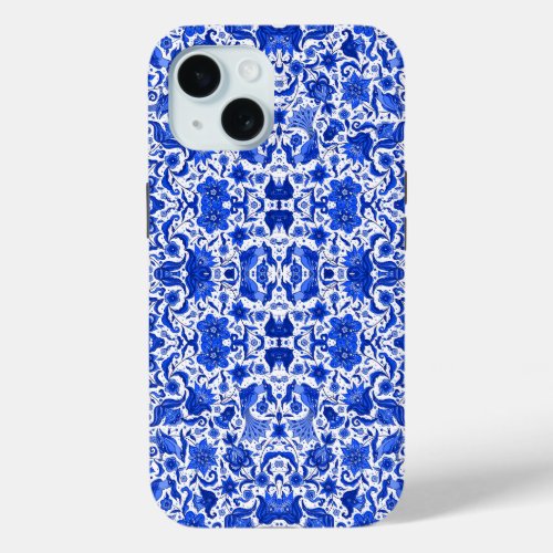 INDIGO BLUE VINTAGE TROPICAL FOLK ART PRINT  iPhone 15 CASE