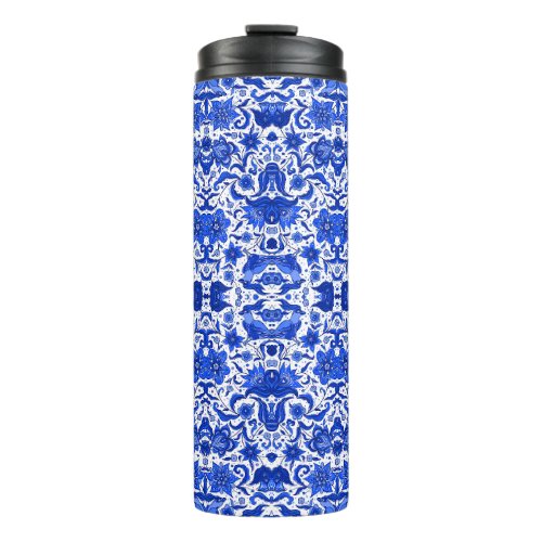 INDIGO BLUE VINTAGE TROPICAL FOLK ART THERMAL TUMBLER