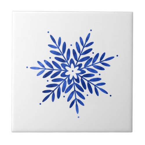 Indigo Blue Watercolor Abstract Snowflake  Ceramic Tile