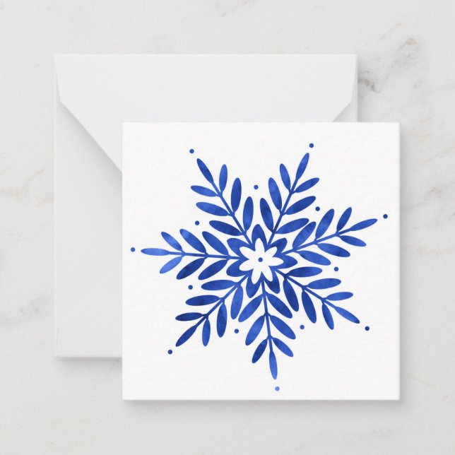 Indigo Blue Watercolor Abstract Snowflake  Note Card (Front)