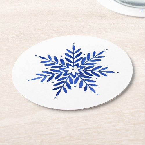 Indigo Blue Watercolor Abstract Snowflake Round Paper Coaster
