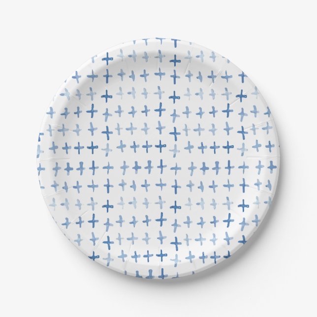Indigo blue watercolor crosses Japanese shibori  Paper Plates (Front)