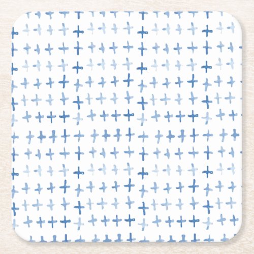 Indigo blue watercolor crosses shibori pattern square paper coaster