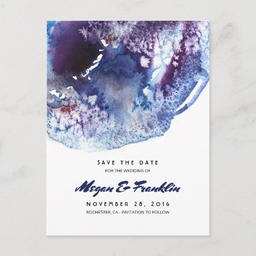 Indigo Blue Watercolor Crystals Save the Date Announcement Postcard - Agatas crystals modern watercolor blue and purple save the date postcards