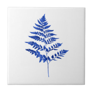 Indigo Blue Watercolor Fern Leaves Ceramic Tile