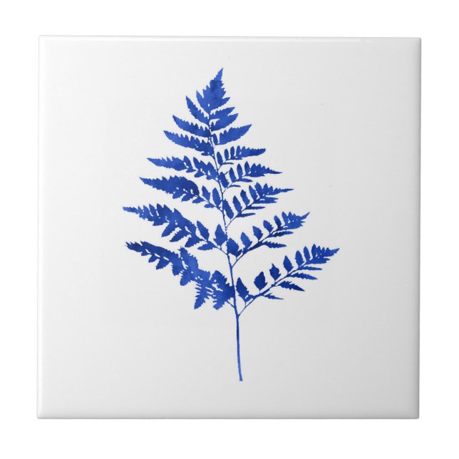 Indigo Blue Watercolor Fern Leaves Ceramic Tile (Front)