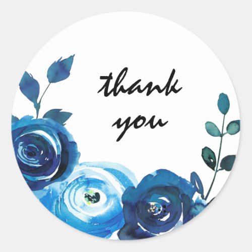 Indigo Blue Watercolor Floral thank you favor Classic Round Sticker
