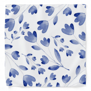 Indigo Blue Watercolor Flower Stems Bandana