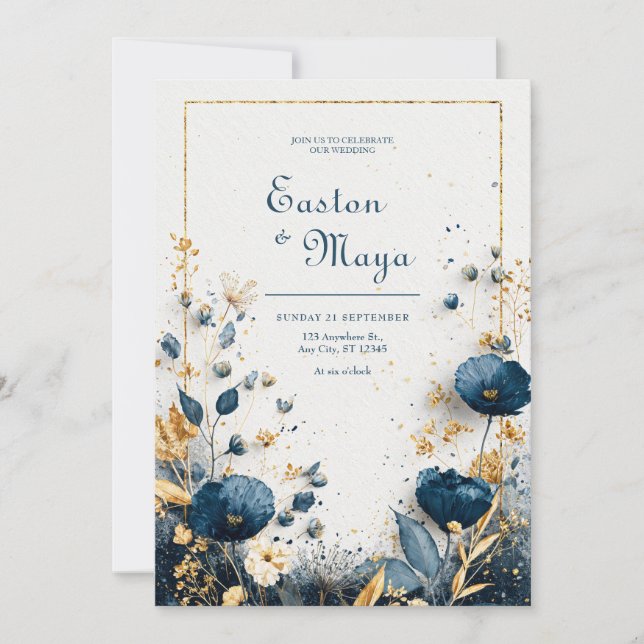 Indigo Blue Watercolor Gold Floral Elegant Wedding Invitation (Front)