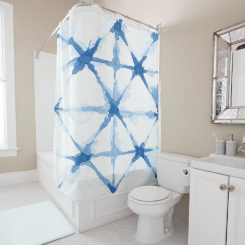 Indigo blue watercolor lines intersecting japanese shower curtain