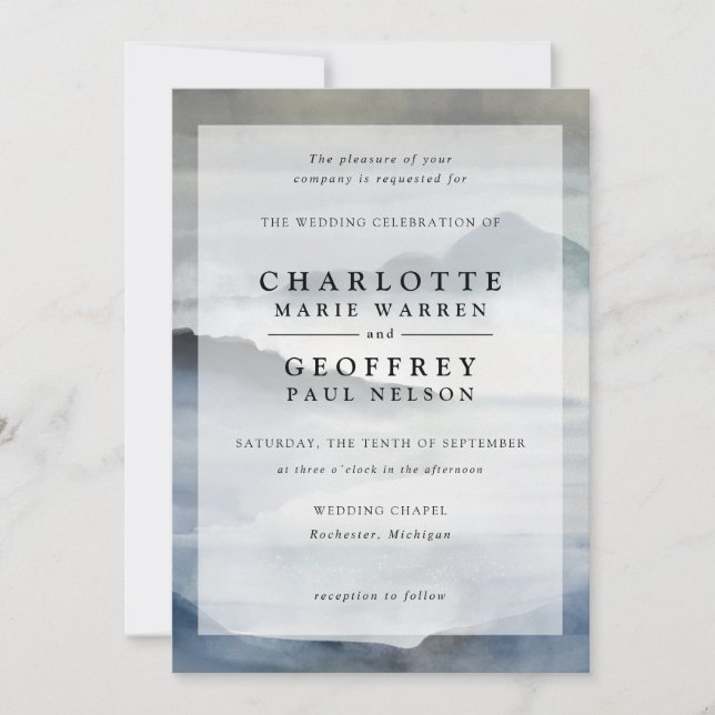 Indigo blue watercolor misty landscape wedding invitation (Front)
