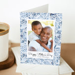Indigo Blue Watercolor Photo Happy Father's Day Card<br><div class="desc">Stylish, modern father's day greeting card featuring your favorite family photo framed in white with a geometric indigo blue watercolor pattern background. Personalize the front of the card by adding a custom greeting with your names below. The inside of the greeting card features space for a custom message or leave...</div>