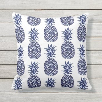 Indigo Blue Watercolor Pineapples Pattern Outdoor Pillow by amoredesign at Zazzle