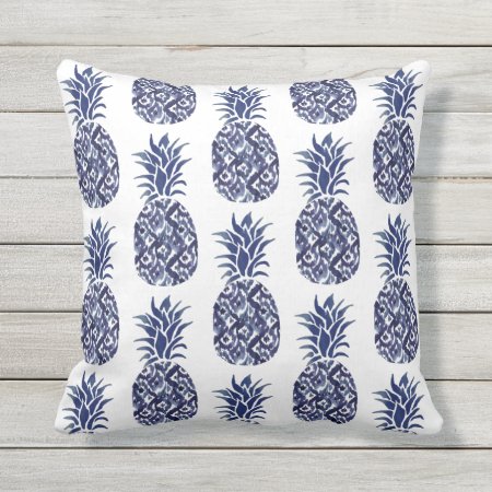Indigo Blue Watercolor Pineapples Pattern Outdoor Pillow