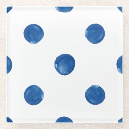 Indigo blue watercolor polka dots shibori pattern glass coaster