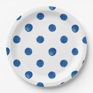 Indigo blue watercolor polka dots shibori pattern paper plates