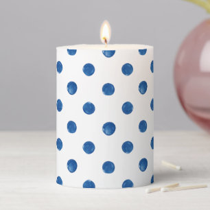 Indigo blue watercolor polka dots shibori pattern pillar candle
