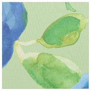 Indigo Blue Watercolor Roses Green Fabric