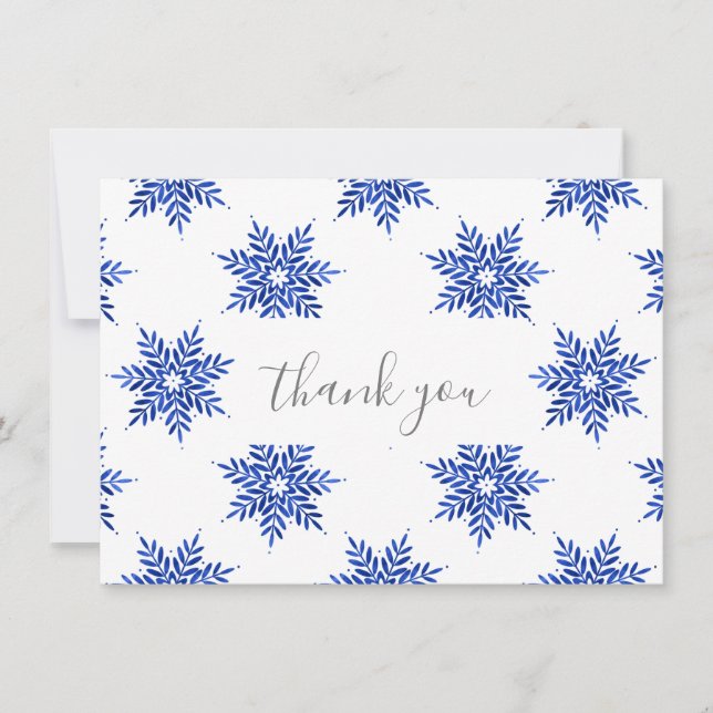 Indigo Blue Watercolor Snowflake Pattern Thank You Card (Front)