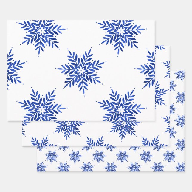Indigo Blue Watercolor Snowflake Pattern   Wrapping Paper Sheets (Set)