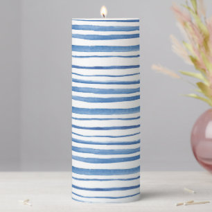 Indigo blue watercolor stripe Japanese shibori  Pillar Candle