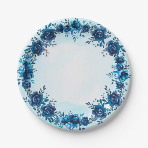 Indigo Blue Watercolor Vintage Flowers Floral Paper Plates