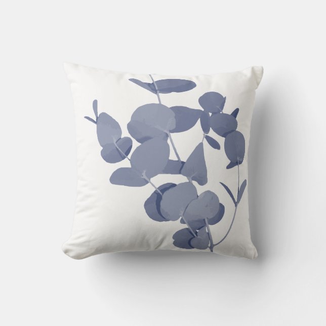 Indigo Blue White Eucalyptus Herb Botanical Print Throw Pillow (Front)