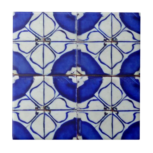 Indigo blue white geometric art moroccan mosaic ceramic tile (Front)