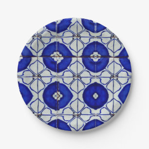 Indigo blue white geometric art moroccan mosaic paper plates
