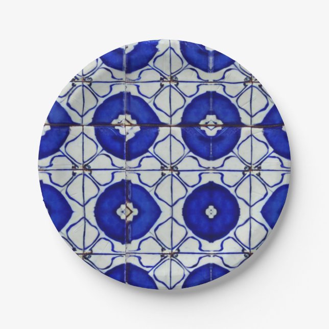 Indigo blue white geometric art moroccan mosaic  paper plates (Front)