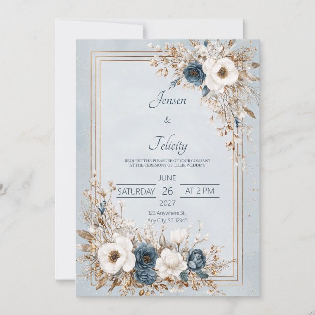 Indigo Blue White Gold Floral Winter Elegant Invitation (Front)