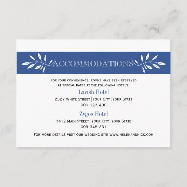 Indigo blue, white modern wedding accommodations enclosure card (Front)