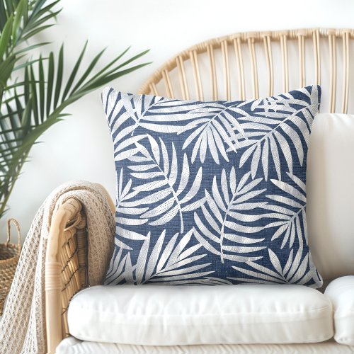 Indigo Blue  White Palm Leaf Throw Pillow