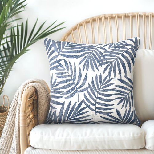 Indigo Blue  White Palm Leaves Throw Pillow