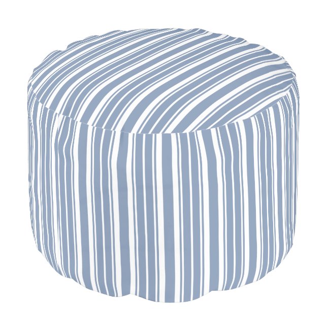 Indigo Blue, White Ticking Stripes Round Pouf (Angled Back)