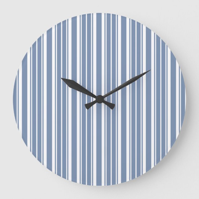 Indigo Blue White Ticking Stripes Round Wall Clock (Front)